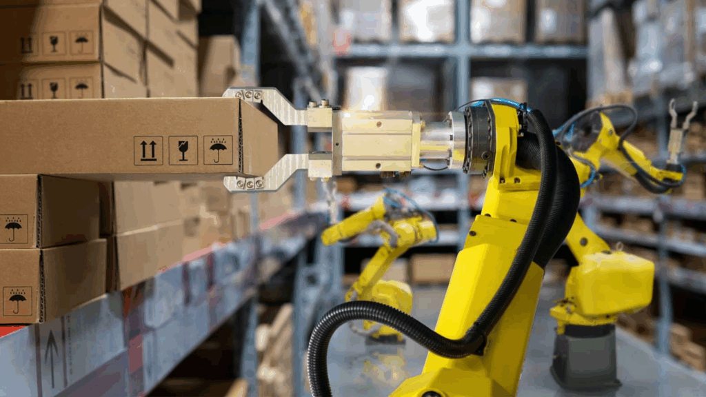 Smart warehouse with robotic arms, conveyors, and autonomous mobile robots connected by digital lines, demonstrating warehouse automation readiness and AS/RS WMS integration powered by real-time WMS data.