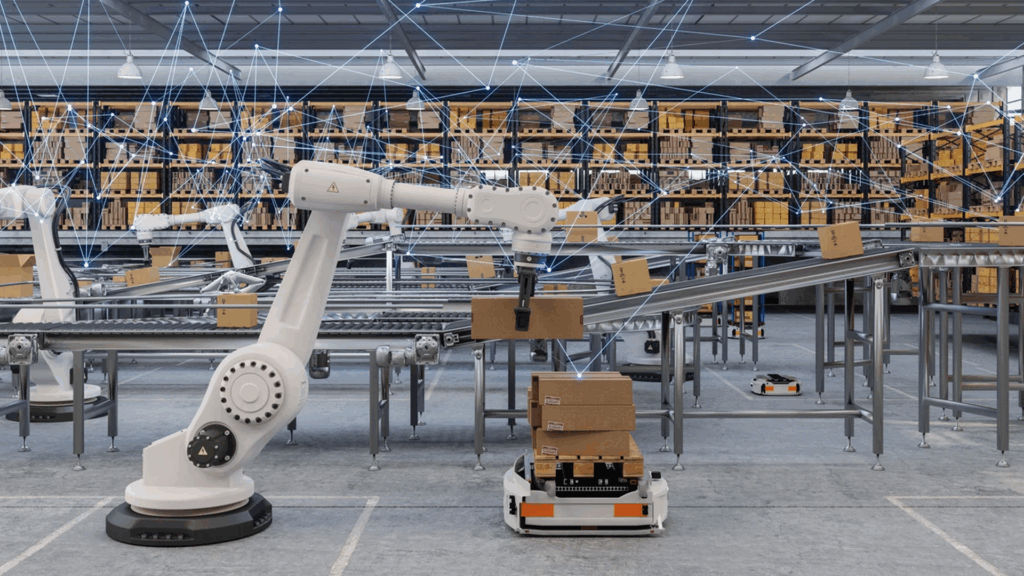Multiple yellow robotic arms operate in a high-density warehouse, showing WMS integration with automated systems to streamline workflows and improve warehouse automation readiness across operations.