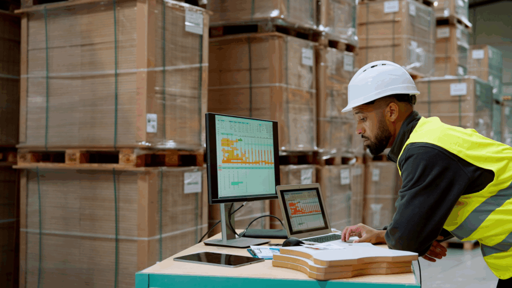 Warehouse manager wearing a safety vest and hard hat reviewing analytics on computer monitors in a storage facility. Concept of artificial intelligence and data-driven insights improving warehouse management systems, efficiency, and time-to-value in supply chain operations.